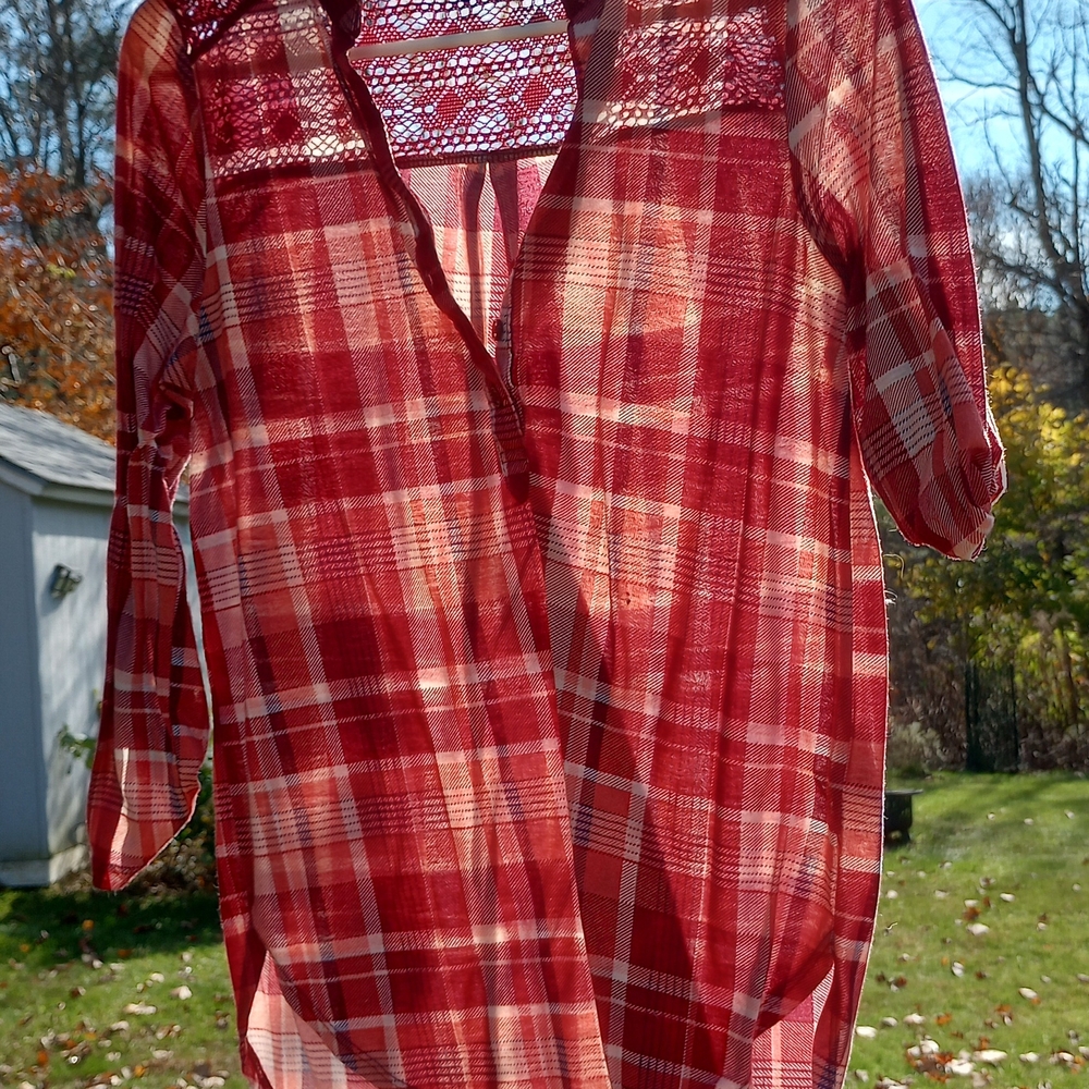 Almost Famous Boho Lace Red Plaid Button Down Shirt